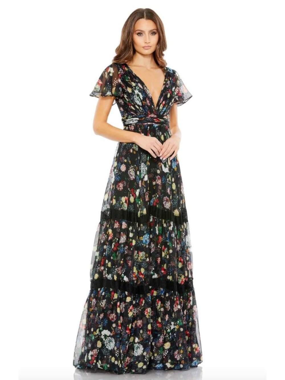 Mac Duggal 67934 Floral Print Pleated Tiered Butterfly Sleeve Maxi Dress Size 0
